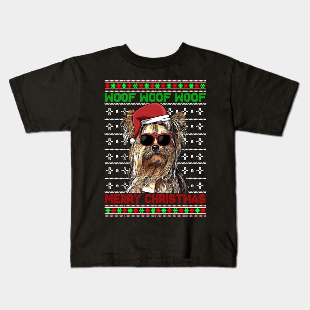 Yorkshire Terrier Dog Funny Woof Merry Christmas Kids T-Shirt by TheBeardComic